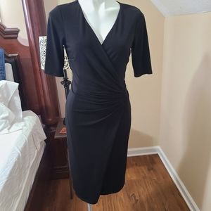 TALL Black Short sleeve wrap dress. Midi, V neck.